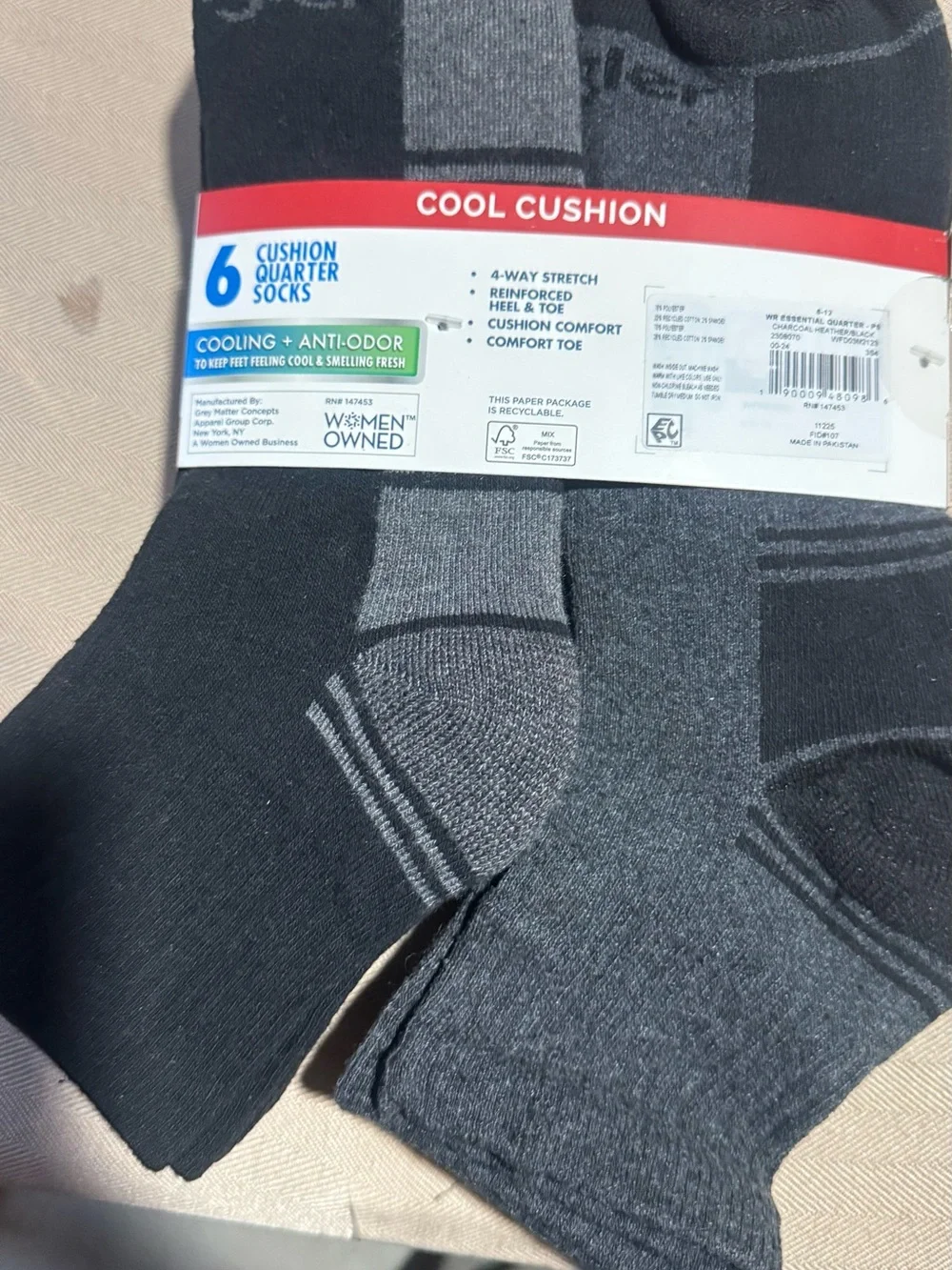 Wrangler Men’s‎ Cool Cushion Quarter Socks - Black & Gray (6-Pack)